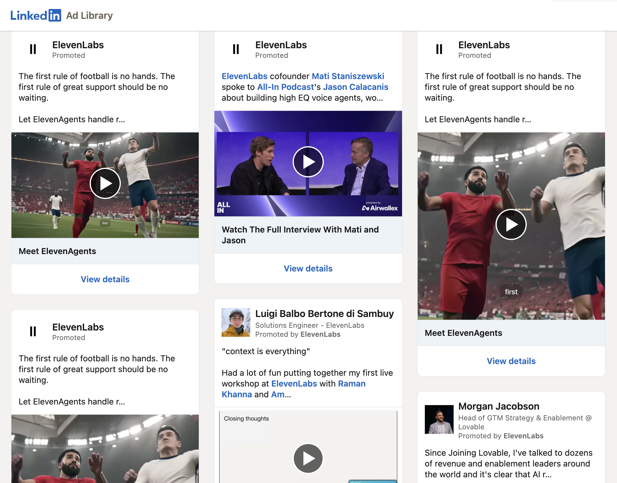 ElevenLabs LinkedIn Ad Library: World Cup ElevenAgents video ads, All-In podcast clips, and sponsored employee posts